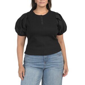 ENDLESS ROSE Black Plus Puff Sleeve Henley Top
